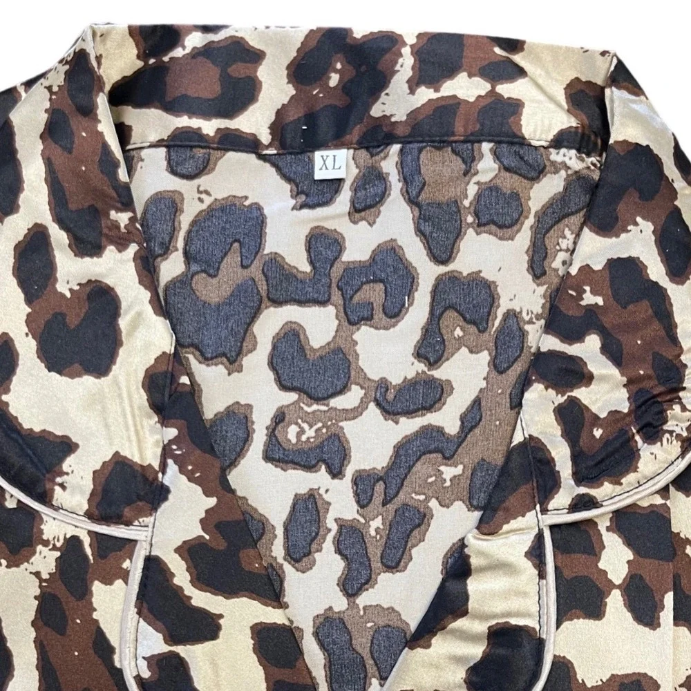 Leopard Satin 3-Piece Pajama Set XL Short Sleeve Top Shorts Pants Gold Brown